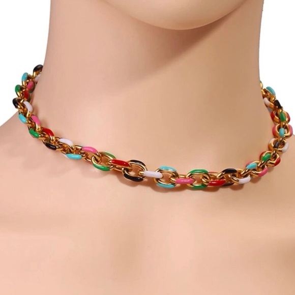 LAST ONE New Rainbow Color Block Chain Choker Necklace ~ Stainless Steel Enamel - Picture 4 of 16